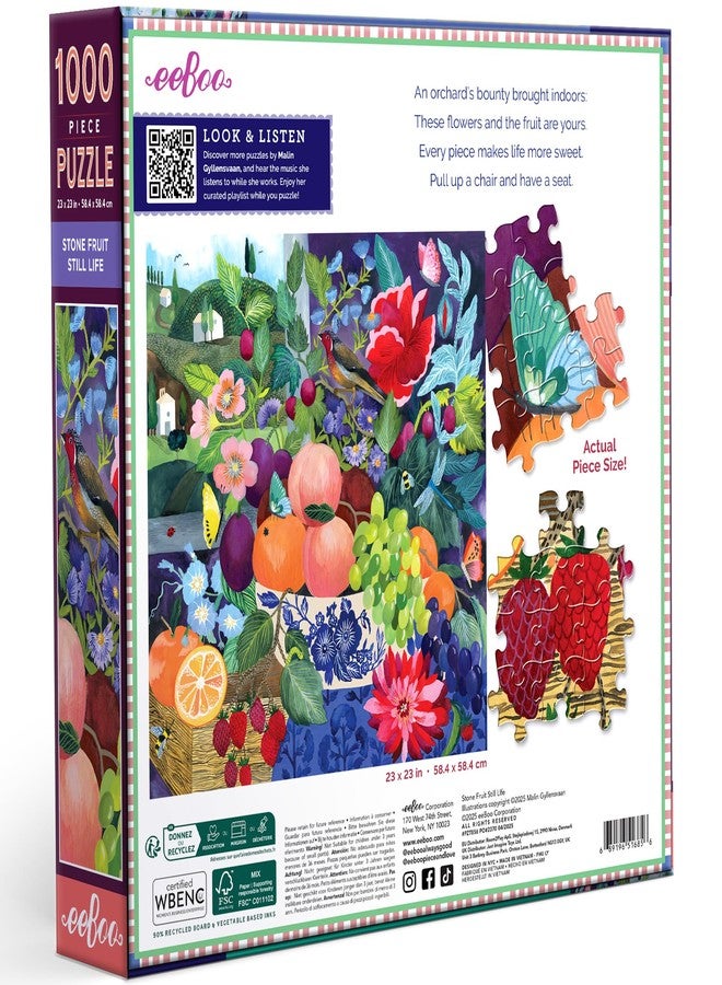 eeBoo Piece & Love: Stone Fruit Still Life - 1000 Piece Puzzle - 23" Square Adult Jigsaw, Malin Gyllensvaan’s Lush Orchard Nature Scene, Eco-Friendly - Image 2